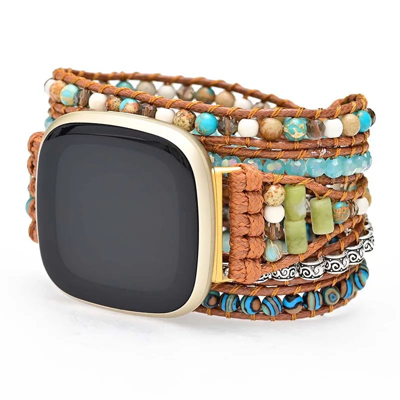 Natural Gemstone Beads Bracelet Strap For Fitbit Versa 1 2 3 4 Band Rope Woven Bohemian Watchband For Fitbit Sense/Sense 2