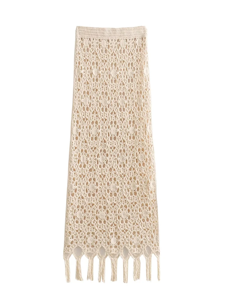

YENKYE Sexy Women Vintage High Waist Boho Tassel Knit Crochet Long Skirt