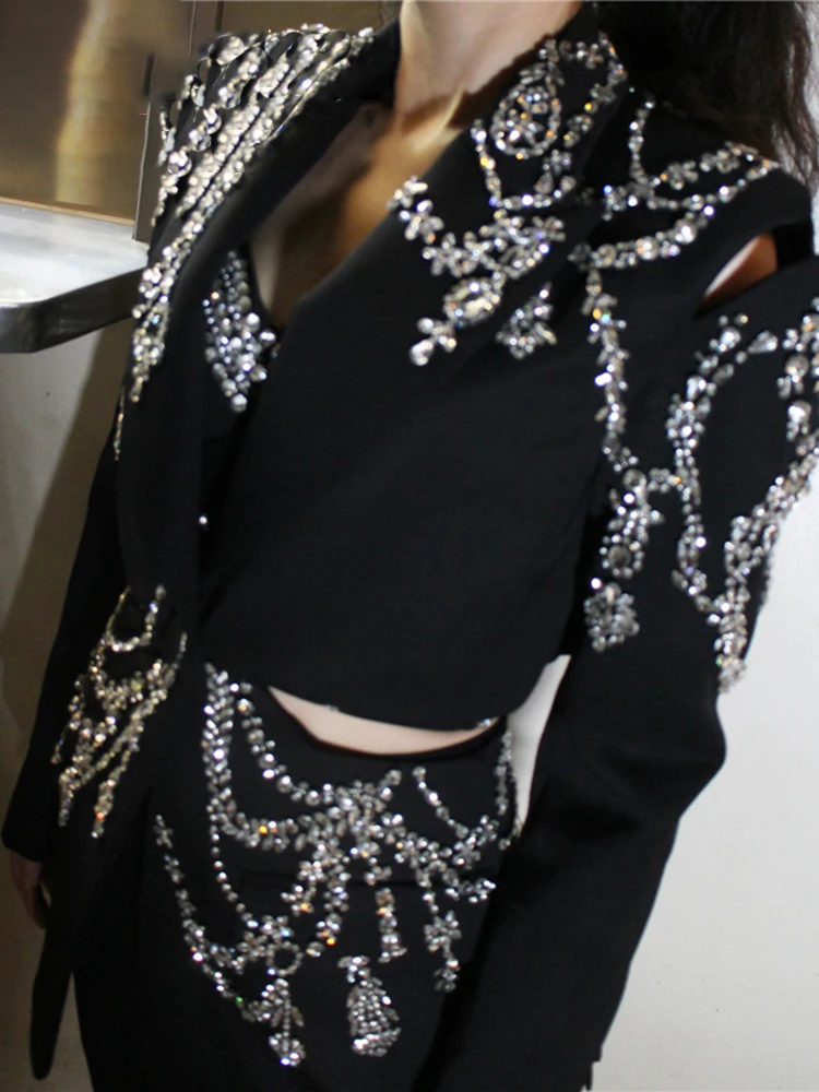 VGH ажурные лоскутные блейзеры с бриллиантами для женщин зубчатым воротником и