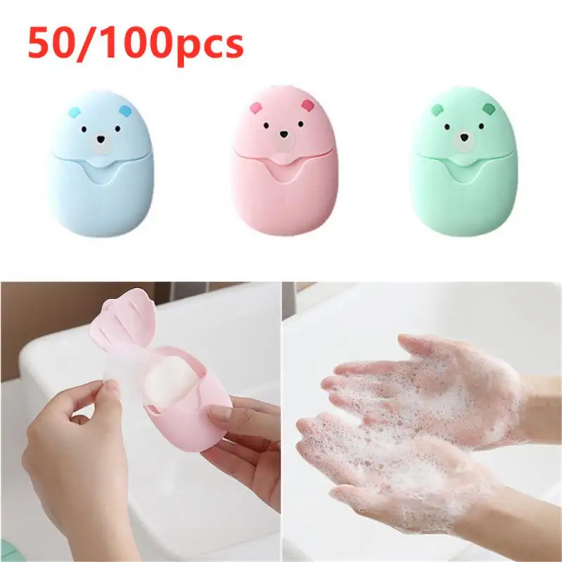 

50/100Pcs Portable Disposable Cleaning Soap Paper Cartoon Travel Paper Soaps Cute Bear Paper Soap Tablets For Travel Soap Sheets