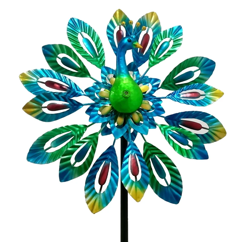 DIY Assembled Glass Ball Solar Light 6-Color Decorative Iron Art Double-Sided Rotating Peacock Windmill