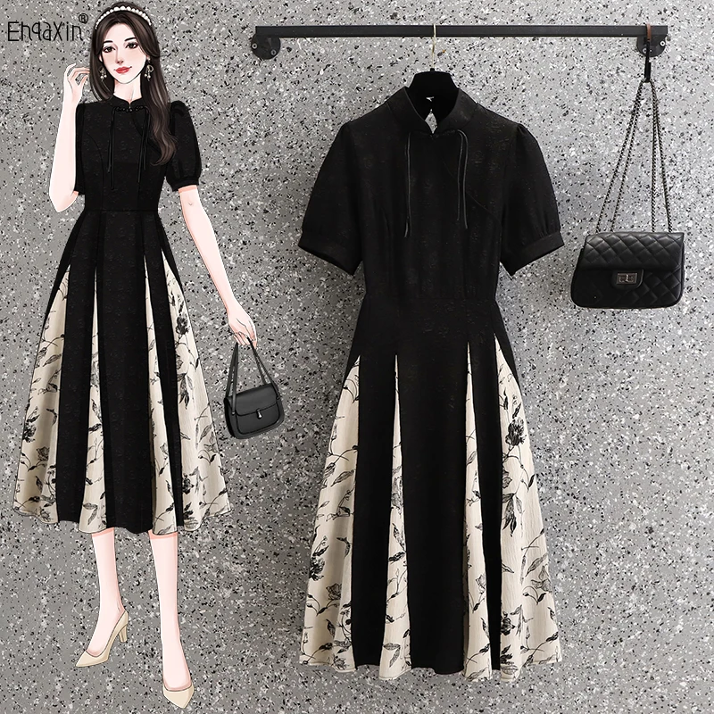 

EHQAXIN 2023 Summer New Women's Dress Elegant Retro Print Spliced Cheongsam Simple Short Sleeve Dresses Chinese Style M-4XL