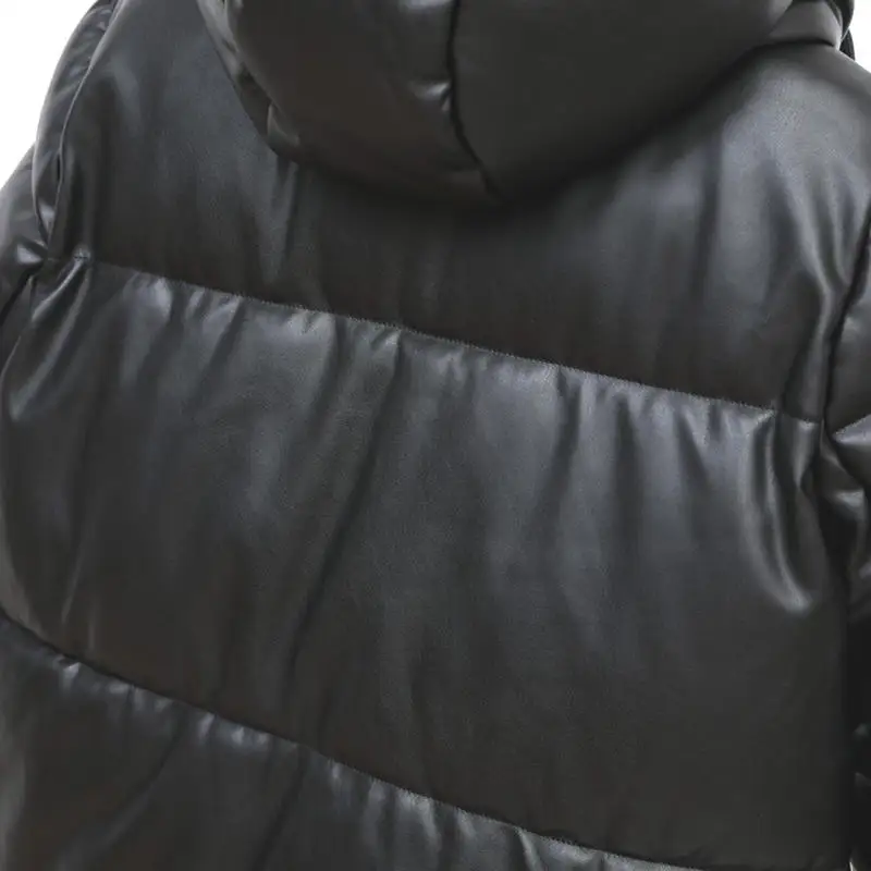 Women Fashion Black Warm Quilted Coats Cotton Padded Jackets Hooded Waterproof Faux PU Leather Long Winter Jacket Outwear Loose