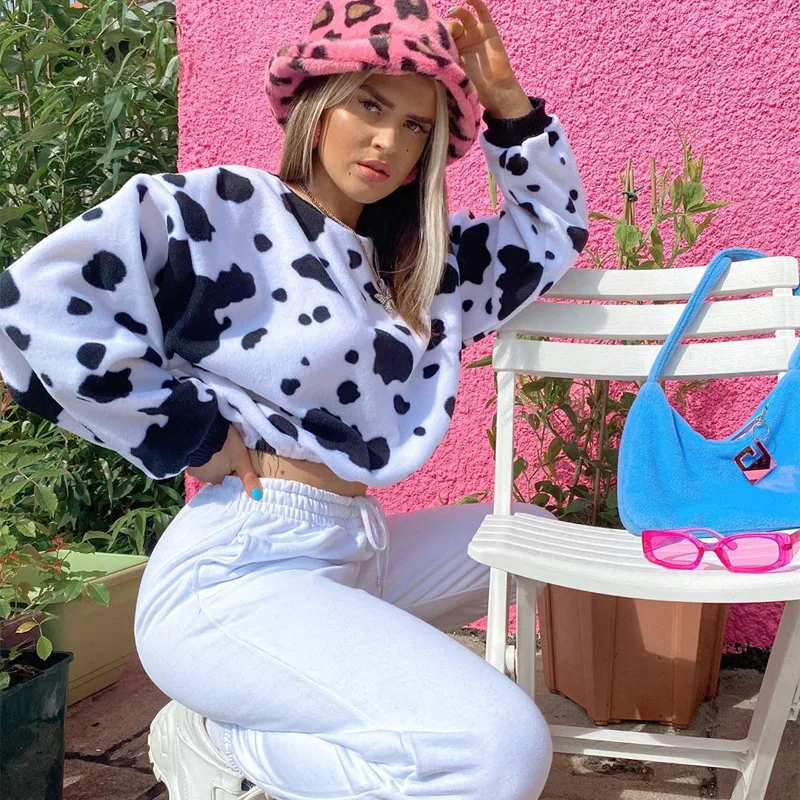 

2021 Cow Printing Long Sleeve Sweatshirt Women Autumn Winter Tie Dye Cropped Loose Hoodies Sweatshirt Casual Jumper Pullovers