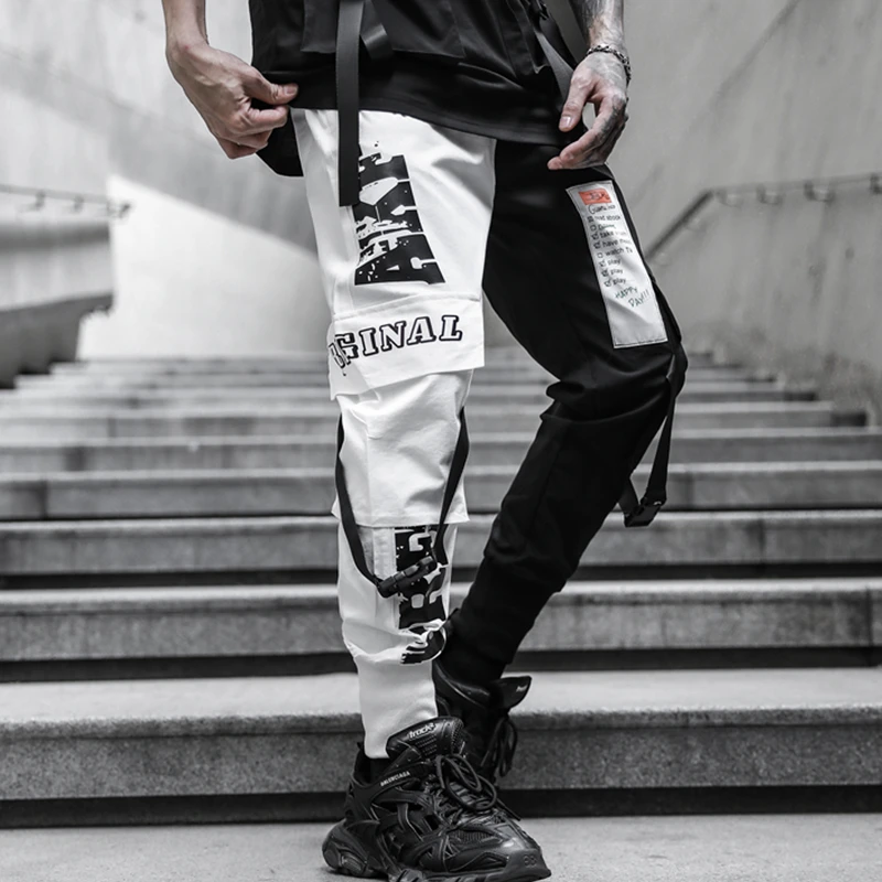 

Hip Hop Cargo Pants Men Spring Black White Patchwork Overalls Women Streetwear Cotton Trousers with Pockets Techwear