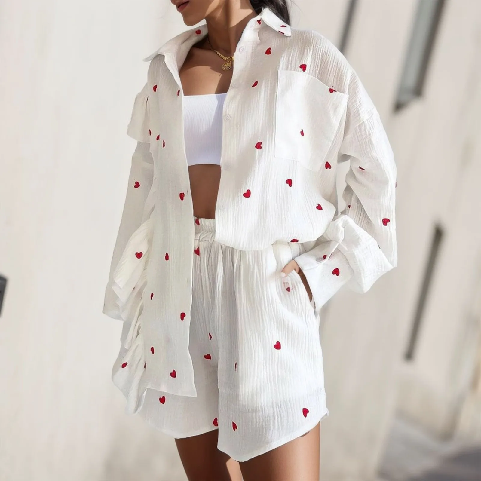 

2023 Summer Casual Heart Print Long Sleeve Blouses And Shorts Set Women Loose Turn Down Collar Shirt Female Cotton Short Outfit