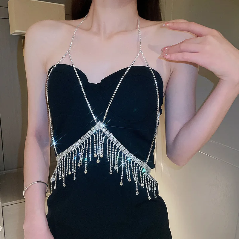 

Minar New Trend Silver Metallic Shiny Full Rhinestones Water Drop Long Chain Tassel Belly Chains Hollow Out Geometric Body Chain