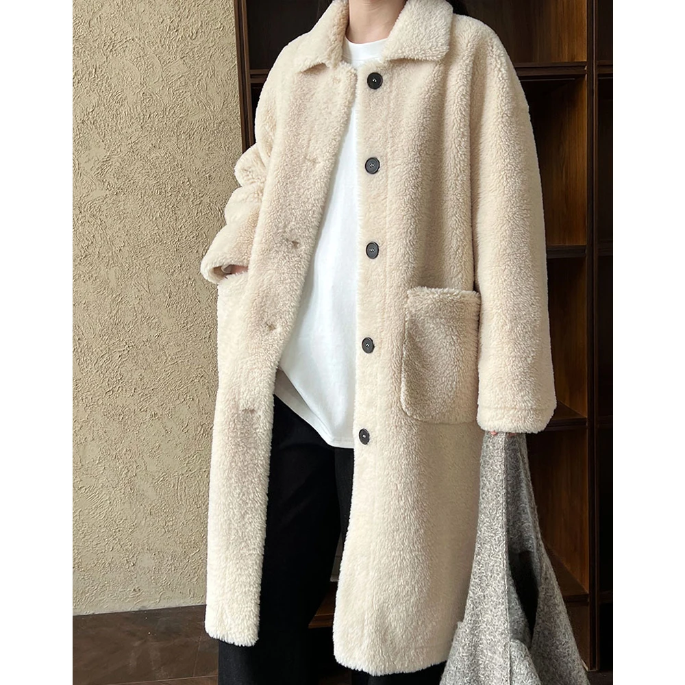 Новинка 2024 женское теплое меховое пальто плотное длинное из овечьей шерсти с