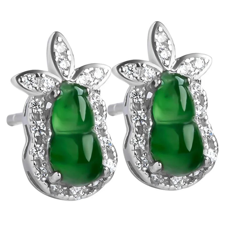 

Burmese Jade Gourd Earrings Gemstones Charms Gift Green Designer 925 Silver Amulet Jewelry Stone Natural Ear Studs Charm Women