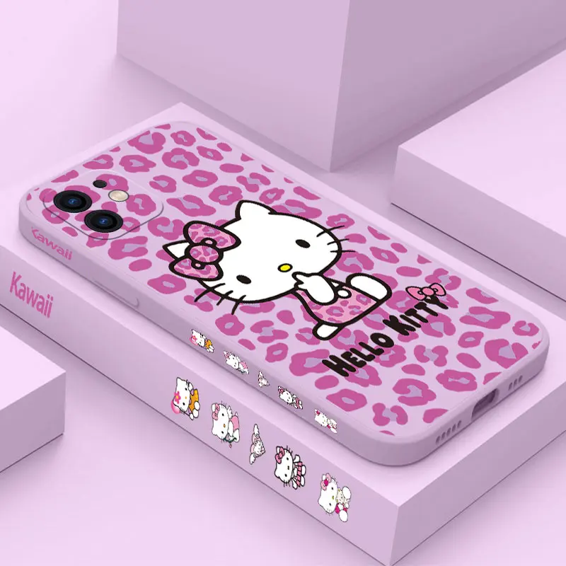 Leopard Hello Kitty Phone Case For iPhone 14 13 12 11 Pro Max Mini X XR XS MAX SE20 8 7 Plus 6S Plus Liquid Silicone Cases Cover