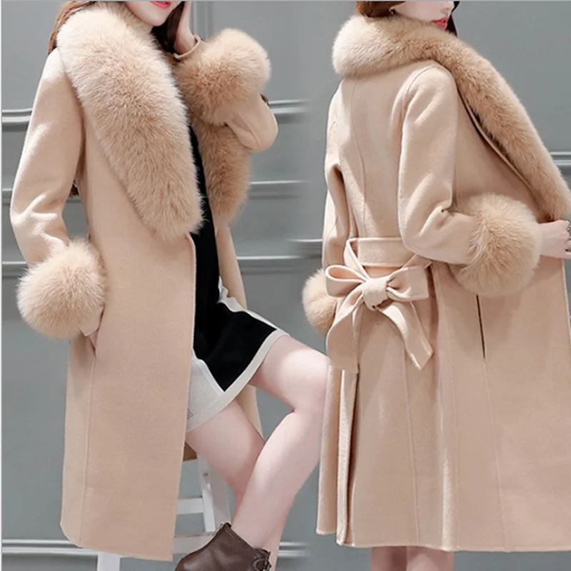 2022 New Winter Slim Long Faux Fur Jacket Women's Fashion Solid Color Mid-length Slim Lace-up Fur Collar Coat Jacket Women Coats