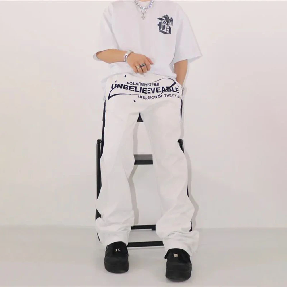 Hip Hop Letters White American Jeans High Street Men Fashion Trend Loose Casual Straight Loose Wide Leg Trousers