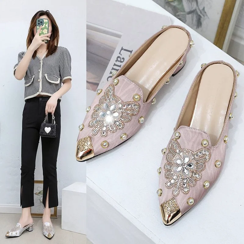 

Rhinestone Thick Heel Half Slippers Women's Summer Pointed Sandals Women's Summer Outer Wear Fashion Middle Heel Shoes Loafers