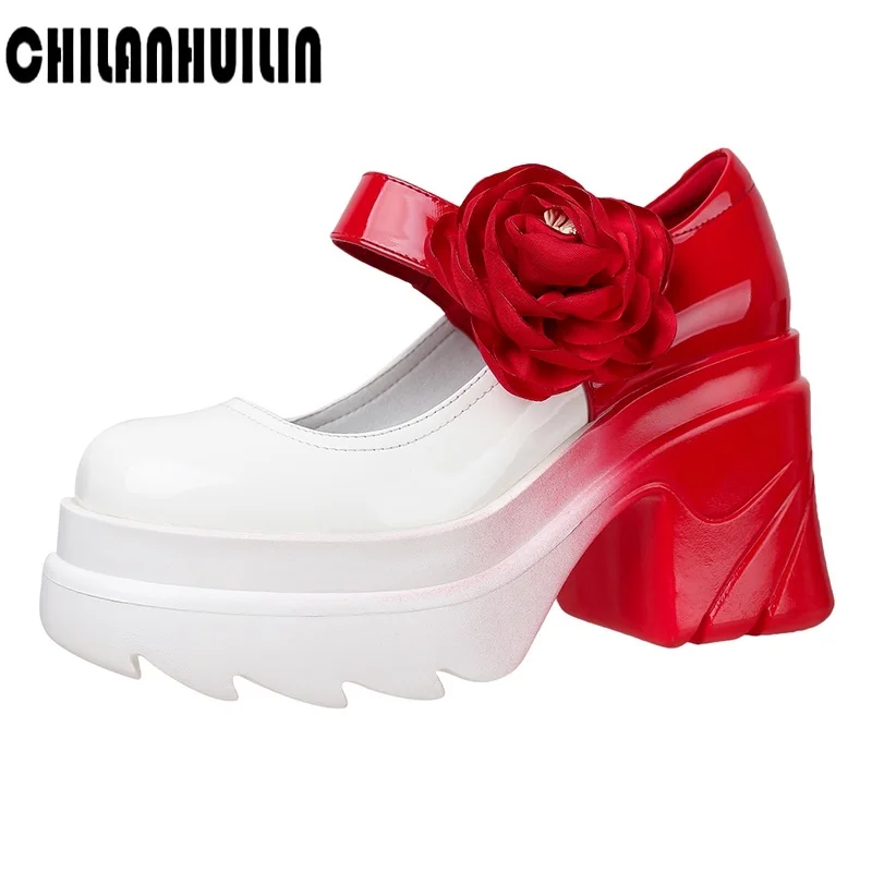 

women's high heels platform pumps 2023 spring autumn new genuine leather flowers buckle women's loafers round toe pumps women