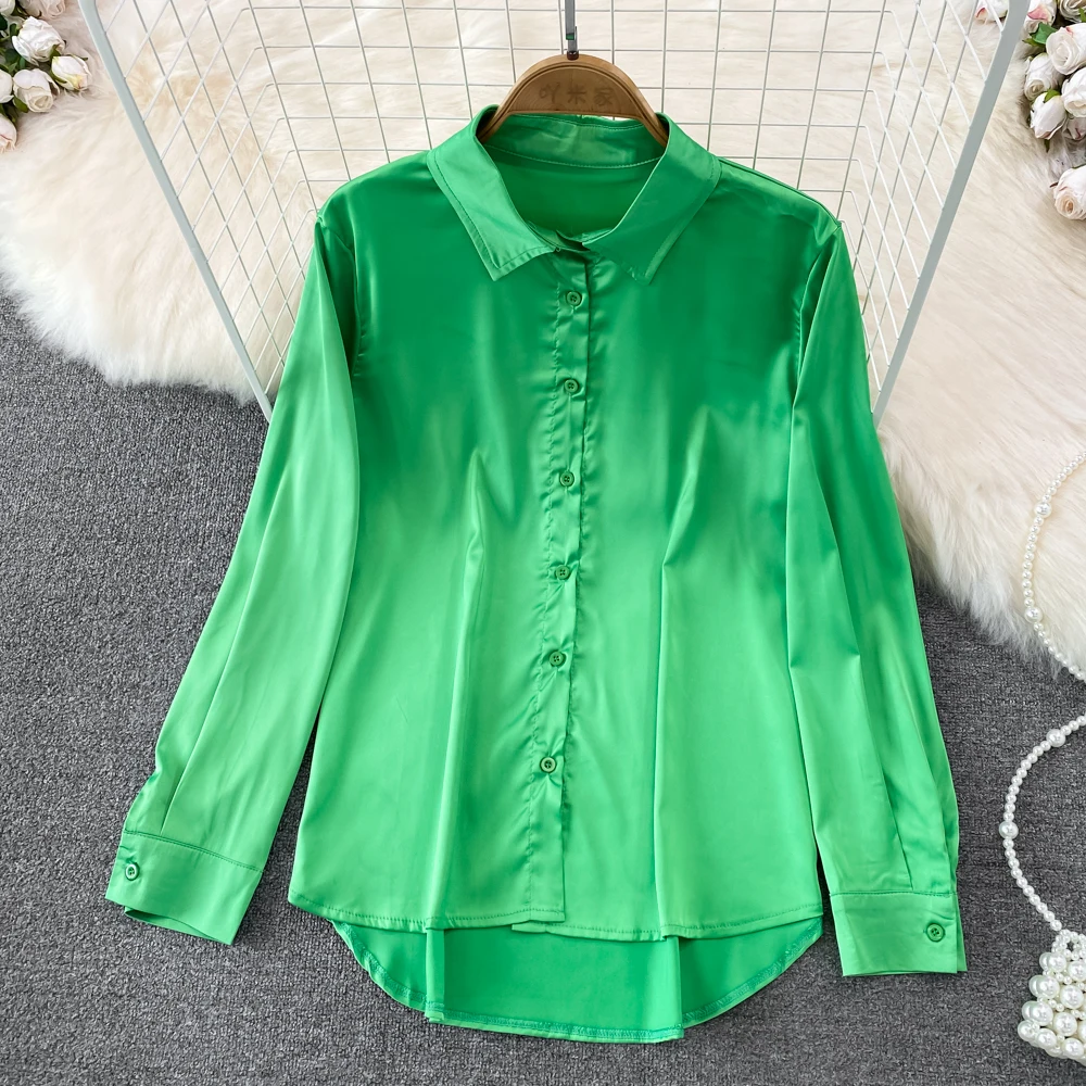

Женская блузка с длинным рукавом, свободная однобортная атласная рубашка из ацетата, Корейская версия на весну