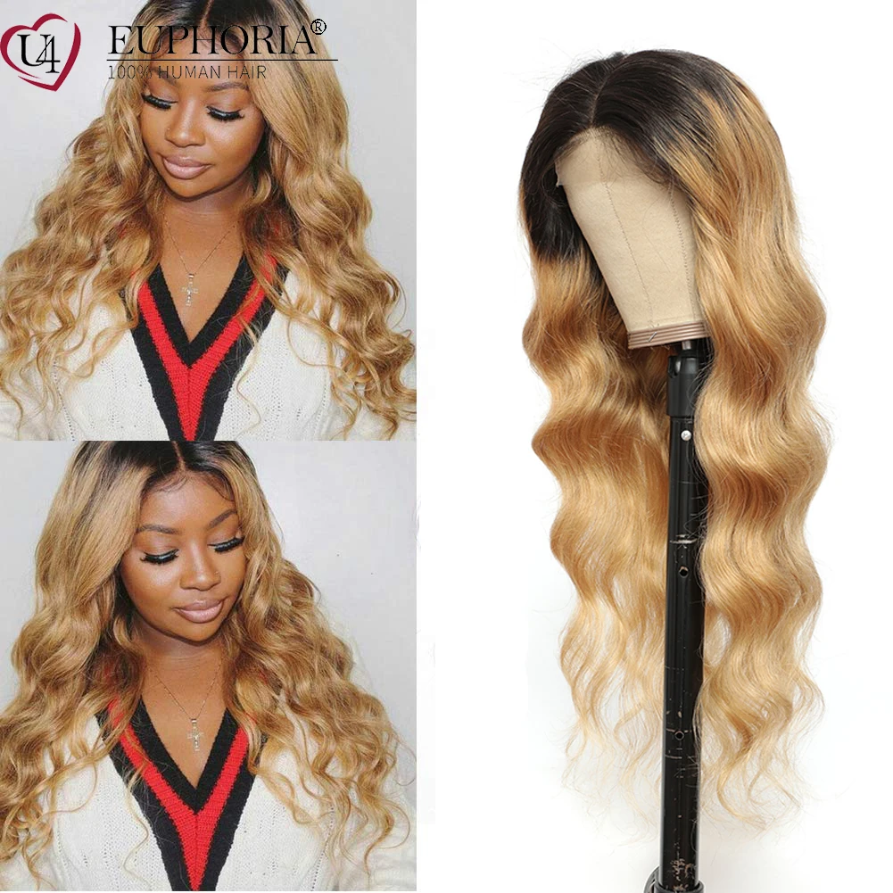 Волнистые человеческие волосы парик T1B/27 блонд бразильский 13x 4 фронта шнурка