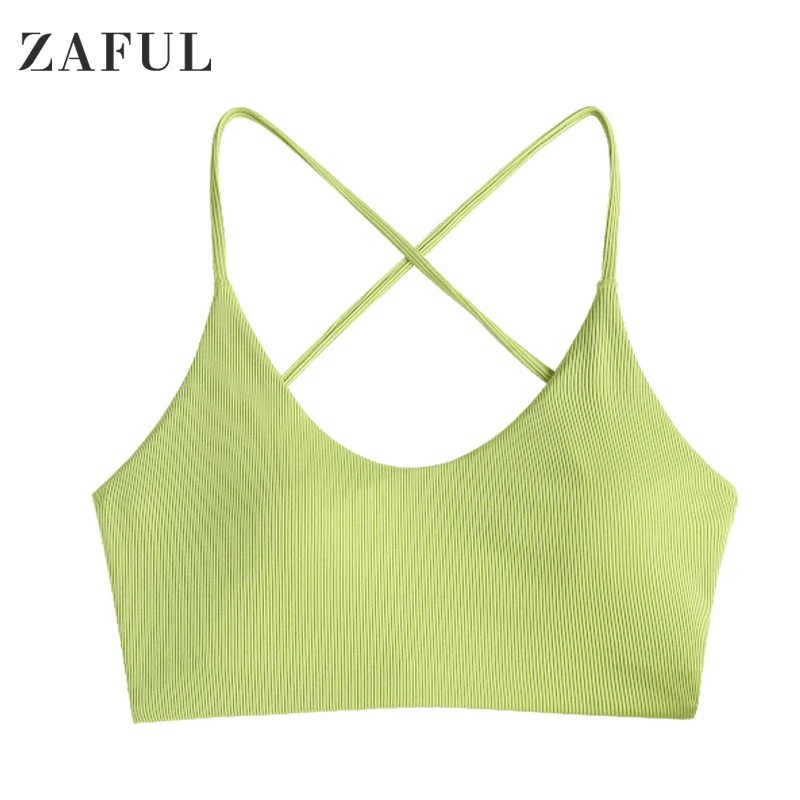 

ZAFUL Ribbed Lace Up Cross Bikini Top Women Padded Swim Top