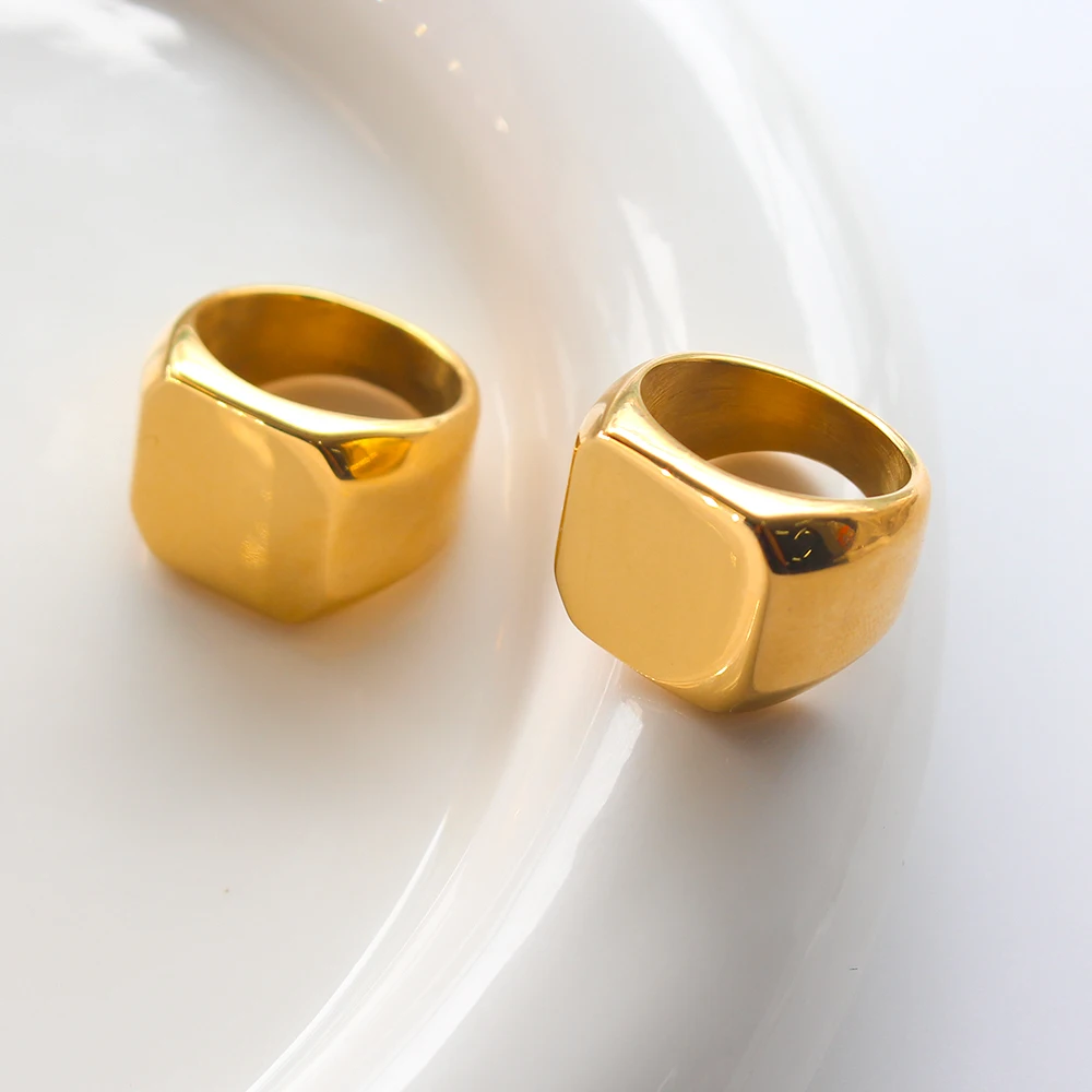 

New Fashion Smooth Big Square Male Female Jewelry Punk Vintage Gold Color Stainless Steel Ring High Quality Finger Accessories