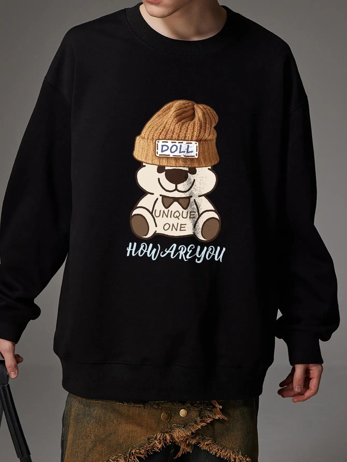 Kawaii Doll Bear Print Pullover Mens Sweatshirts Long Sleeve Crew Neck Casual Hoodies Fashion Brand Kpop Y2k Male Streetwear