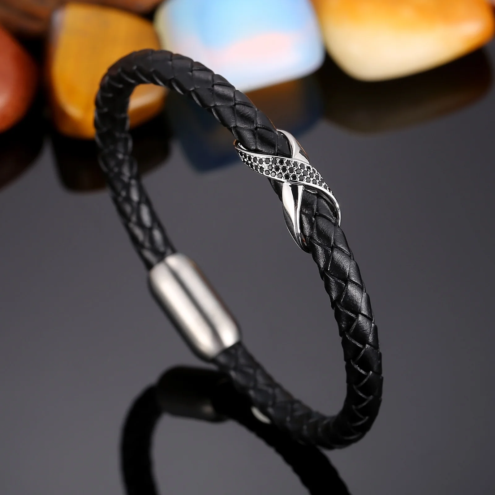 

HaoYi Fashion Genuine Leather Infinity Bracelet for Men Gold Silver Color Black Stainless Steel Punk Cuff Jewelry