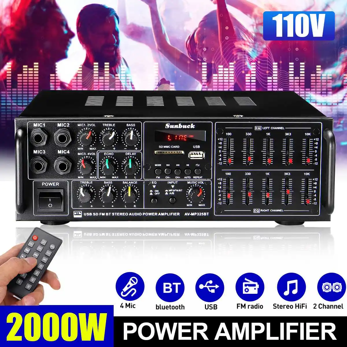 

Sunbuck Bluetooth Amplifier 2 Channel 2000W 110V/220V Karaoke Home Theater Amplifier Music Center Support SD FM Radio Amplifier