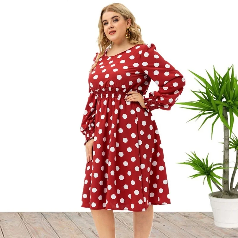 

2022 Summer Women's New High Waist Round Neck Ladies Long Sleeve Polka Dot Pullover Dress Womens Formal Dresses Party Dress
