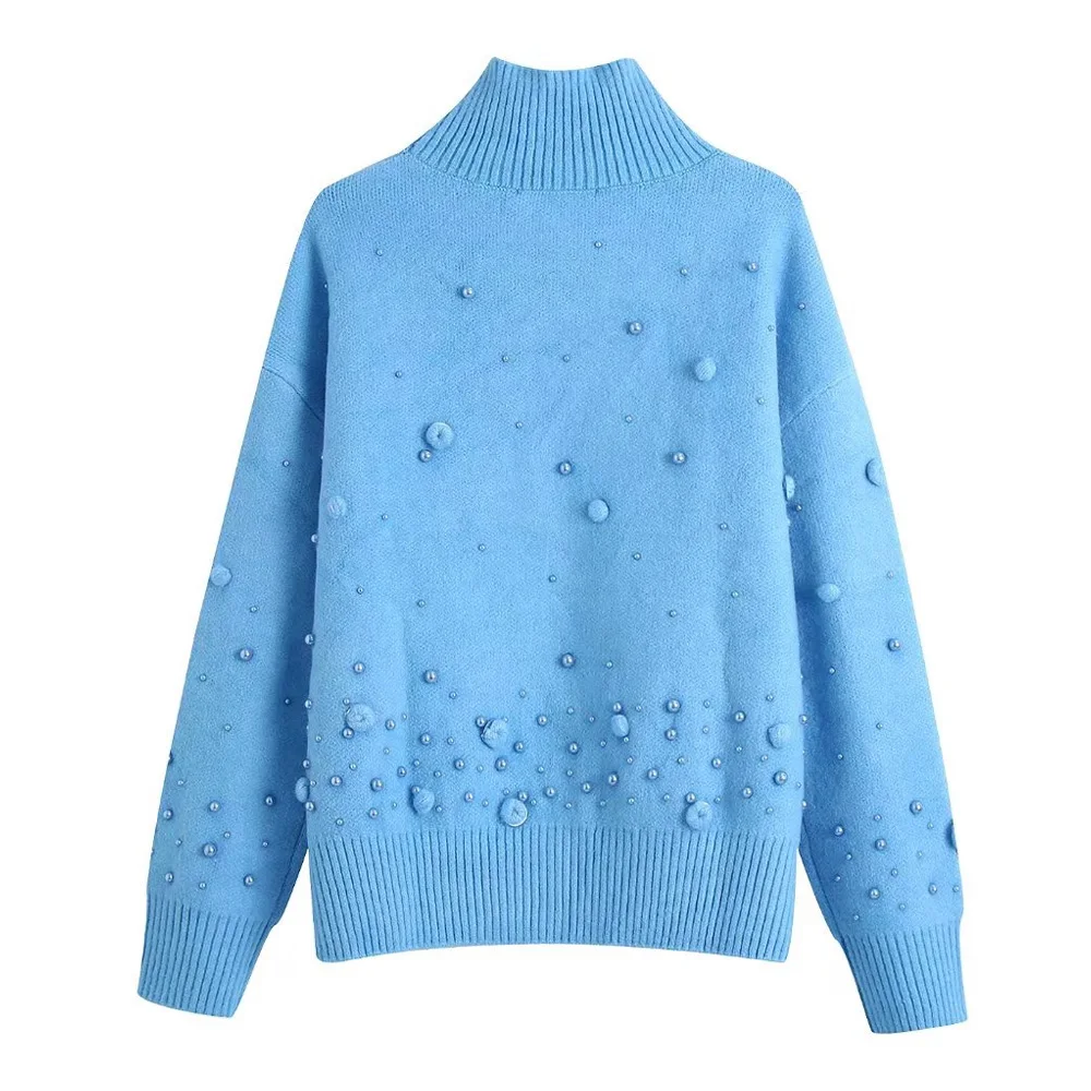 Женский трикотажный свитер с блестками и помпоном длинным рукавом |