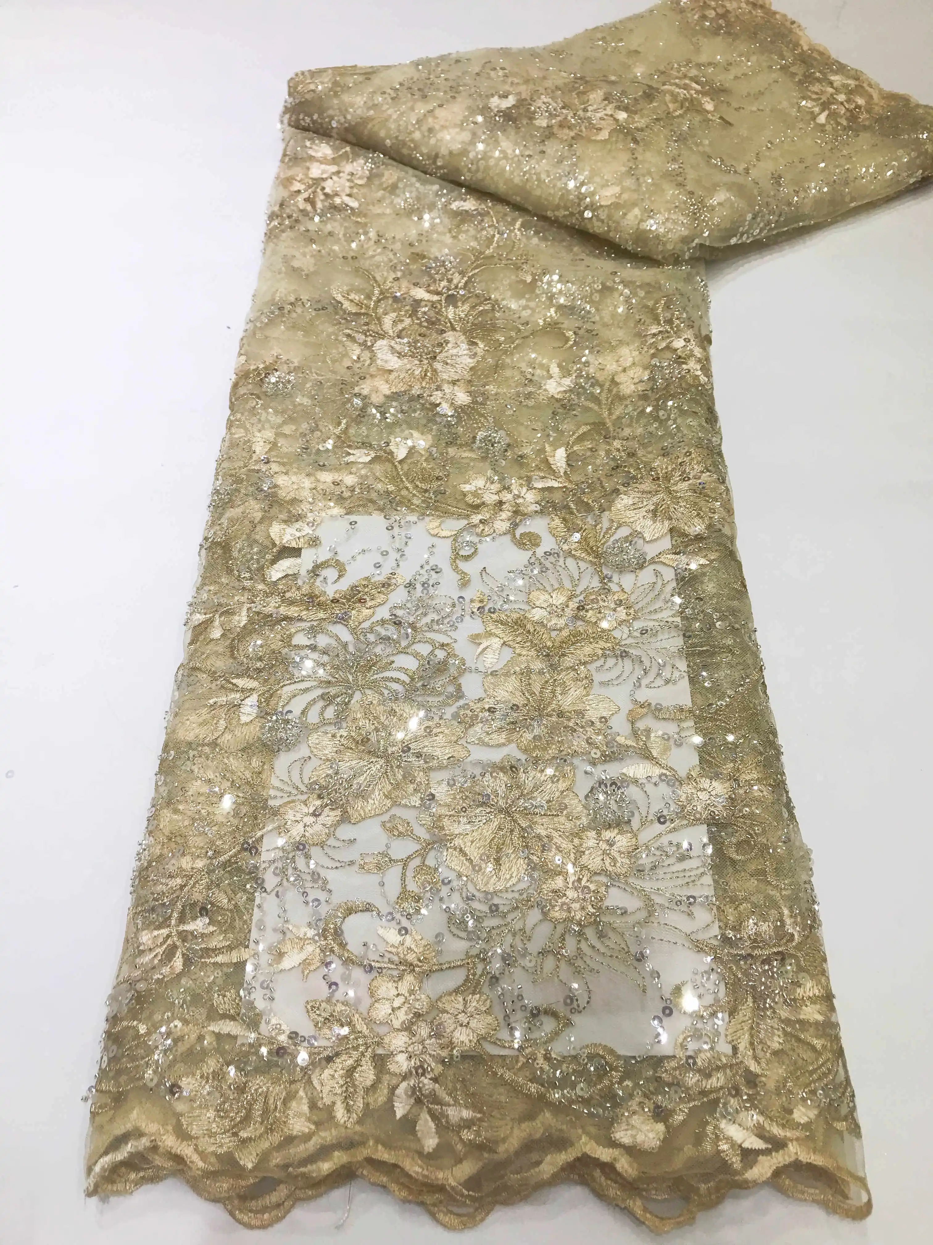 

5Yards Complex Process Traditional African Embroidery Lace Fabric Gloden Net Lace with Glitter Sequins for Luxury Dress JJLN25