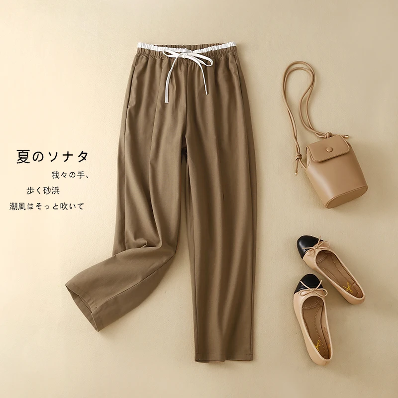 

Брюки женские хлопково-льняные с эластичным поясом, повседневные дышащие свободные штаны, одежда с карманами, большие размеры, I222, весна-лето-осень