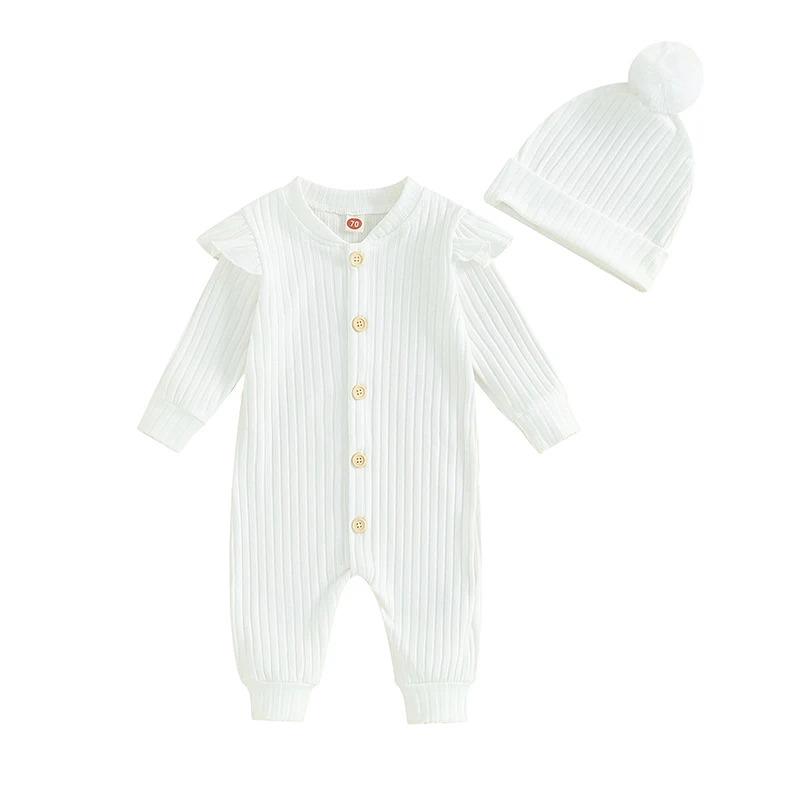 

Newborn Baby Girl Romper Solid Color Fly Sleeve Jumpsuits Hat Infant Fall Winter Outfit