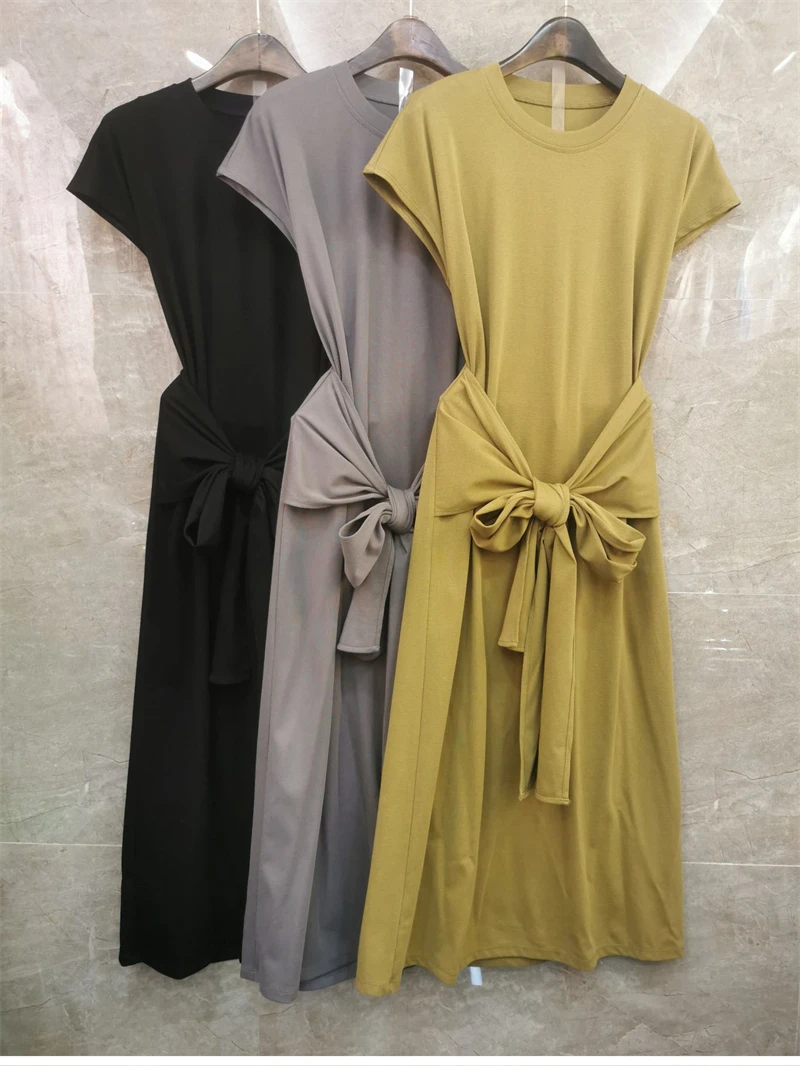 

100%Cotton Long T-Shirt Dress 2022 Spring Summer Women Bow Belt Deco Short Sleeve Casual Khaki Grey Black Dress Clothing Lady