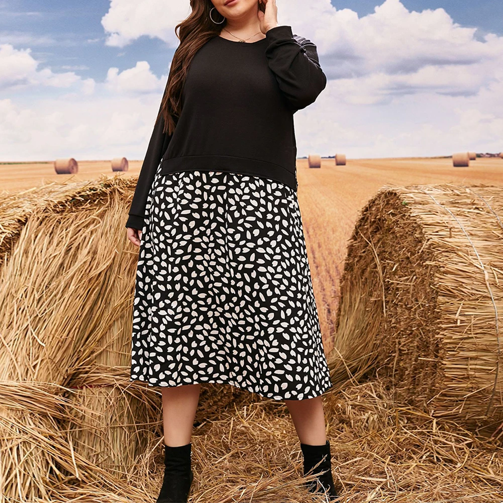 

Women Plus Size Knit Dress Long Sleeve Loose O Neck A Line Fake Two Pieces Ladie Autumn And Winter Vintage Dress