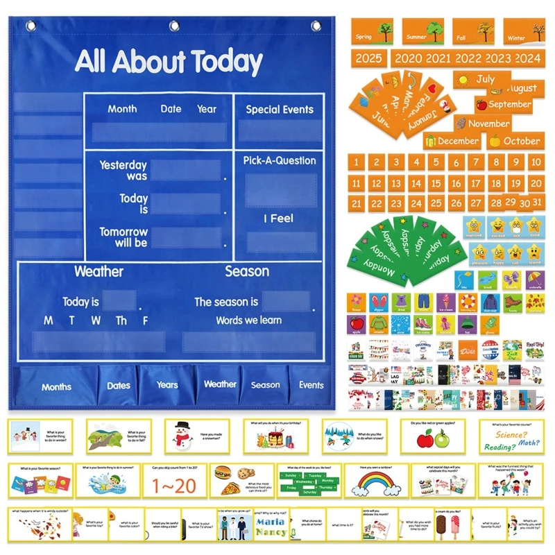 

All About Today Chart Set with 190 Cards Calendar Weather Pcoket Chart Set Interactive Teaching Aids for School Teacher