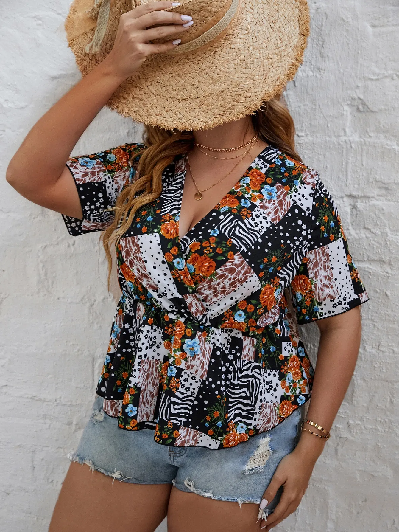 Plus Size 4XL Peplum Blouses Women's Floral Print Oversized Tops Summer Clothing 2023 Short Sleeve Large Elegant T Shirt