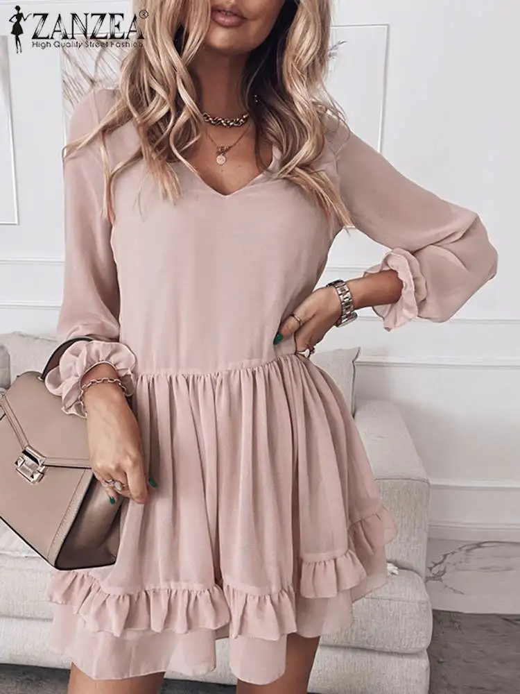 

Women Chic Ruffle Vestido ZANZEA Spring Summer V Neck Short Robe Casual Party Mini Dresses Holiday Elegant Chiffon Solid Dress