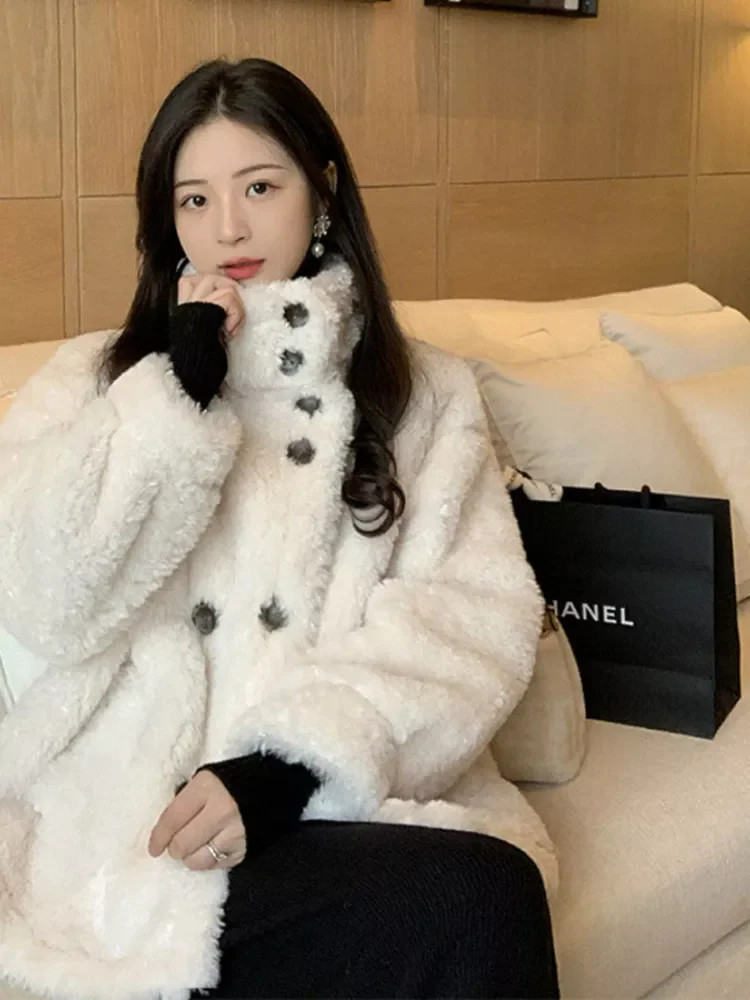 

Новинка, куртка Gmiixder молочного цвета с подкладкой из овечьей шерсти, утепленное пальто из искусственного меха в стиле High Street, Осень-зима 2022, ...