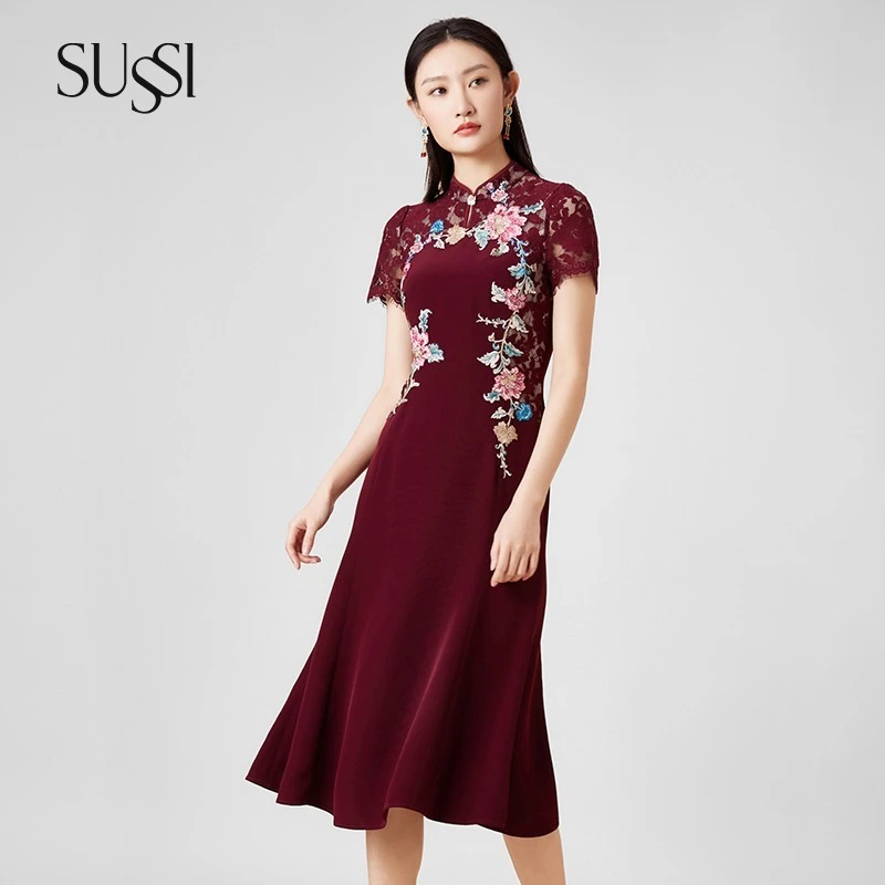 

Dark aster red noble and elegant, strand lace stitching new dress