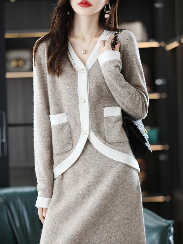 LHZSYY 100% Pure Wool V-neck Colorblock Cardigan Skirt Women Autumn and Winter Fashion Long Skirt Casual Knitted Two-piece Set