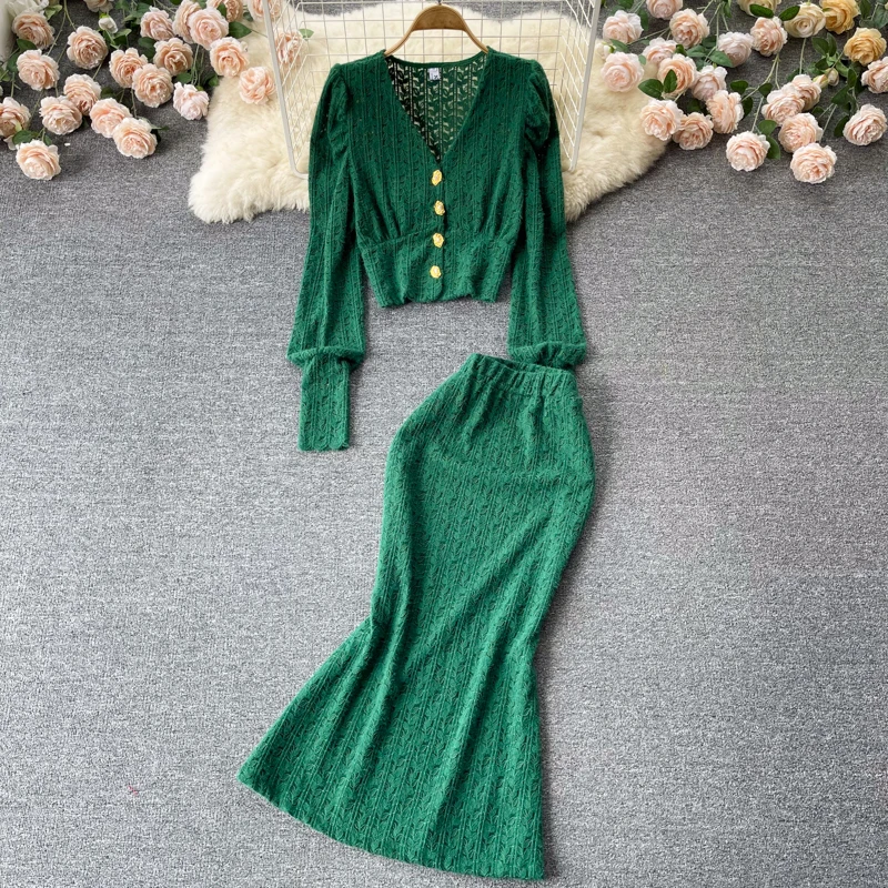 

Women Two Pieces Sets V Neck Puff Sleeve Lace Single Breasted Blouse with High Waist Hip Wrap Skirt Spring Autumn Sets