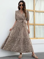 korean style floral print dress 2022 new summer high waist v neck casual dress lace up slim puff sleeve maxi dresses vestidos