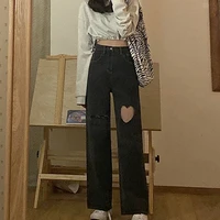 heart hole high waist jeans black mom jeans 2021 women full length trouser harajuku streetwear vintage y2k korean denim pants