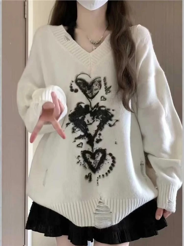 Y2k осенние женские свитера с эстетическими отверстиями повседневные свободные