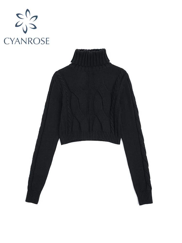 

2022 Autumn Korean Style Harajuku Women Fashion Black Knit Sweater Top Long Sleeves High Neck Vintage Pullover Chic Tops
