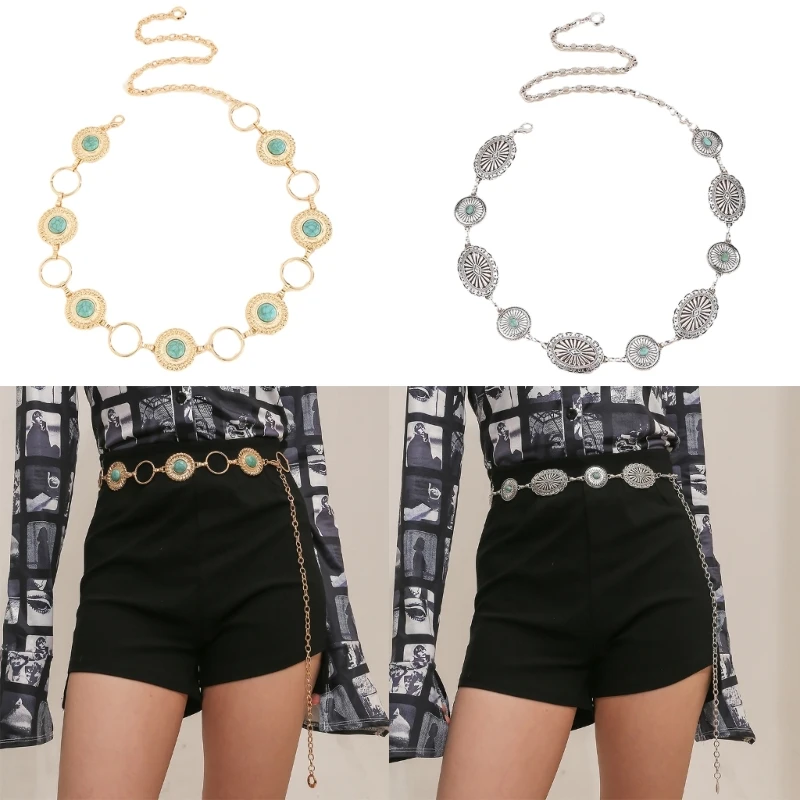 Women Metal Turquoise Waist Chain Western Cowgirl Adjustable Belly Chain Belt for Dress Coat Jeans Skirt Decorative Waistband