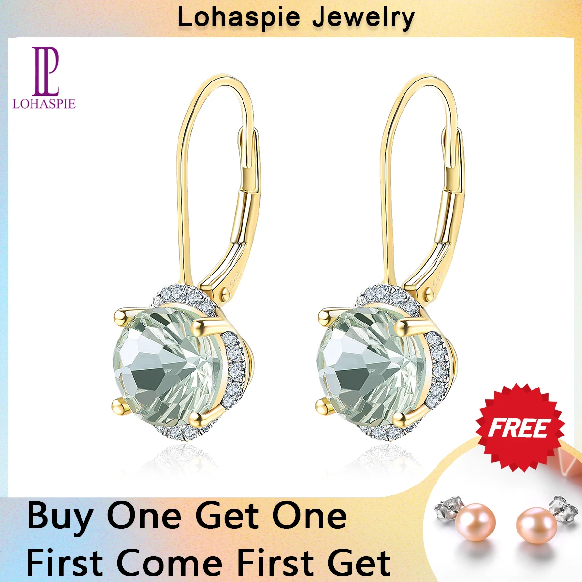 LP Solid 14 Karats Yellow Gold Diamond Earrings Natural Green Amethyst 3.79CT Special Daisy cutting Fine Gemstone Jewelry