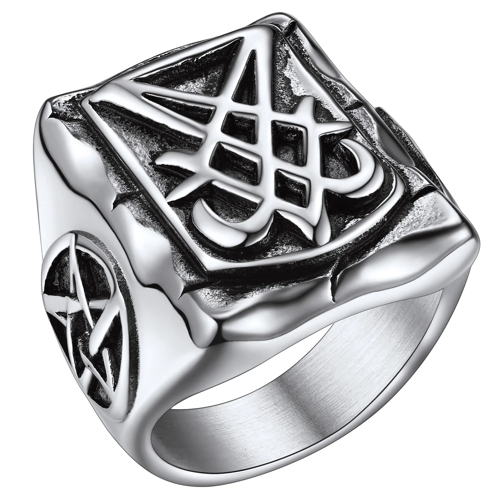 

ChainsPro Satanic Jewelry Baphomet Goat Rings Sigil of Lucifer Satan Symbol Signet Ring for Men Woman CP1002