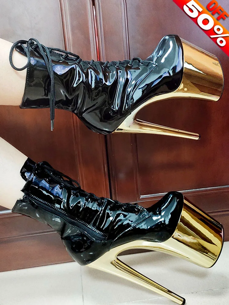 

8Inches Super High Heeled Shoes Patent Leather Low Tube Short Boots 20CM Nightclub Pole Dancing Sexy Fetish Party Women Stripper