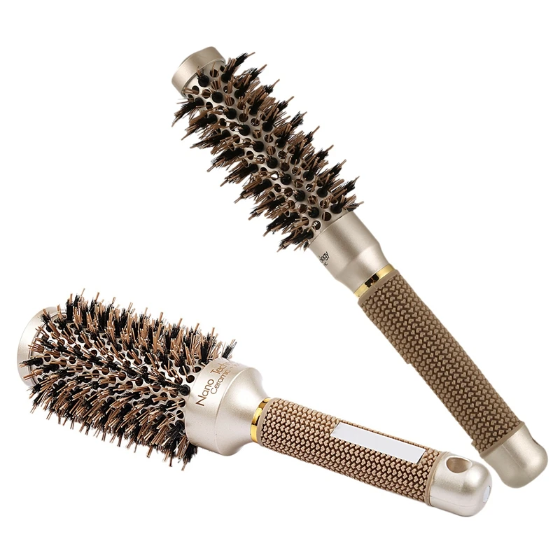 

2X Round Barrel Hair Brush With Simulation Boar Bristle, For Hair Drying, Styling, Curling, Gold (1 Inch&1.8 Inch)