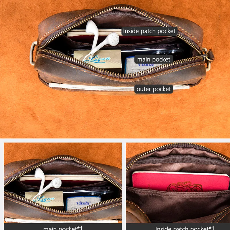 Small Single Shoulder Bag for Men Genuine Leather Crossbody Bag Male Crazy Horse Leather Messenger Bag Male Handbag Tote