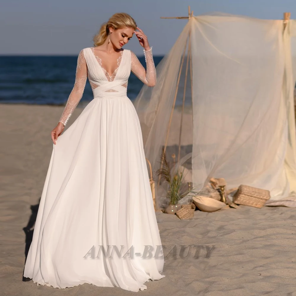 Купи Anna Wedding Gown For Bride Full Sleeve Lace Chiffon Illusion Button Court Train A Line V Neck Vestidos De Novia Bride Gown за 5,134 рублей в магазине AliExpress